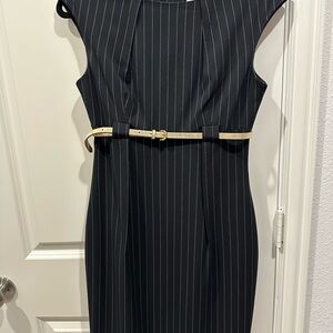 Calvin Klein Black Pinstripe Dress with Belt Size 4